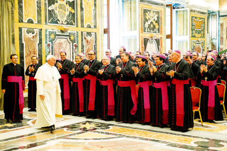 Pope Francis arrives for a meeting with 138 new bishops from around the world at the Vatican Sept. 18. Bishop Kopacz attended the meeting. (CNS photo/L'Osservatore Romano)