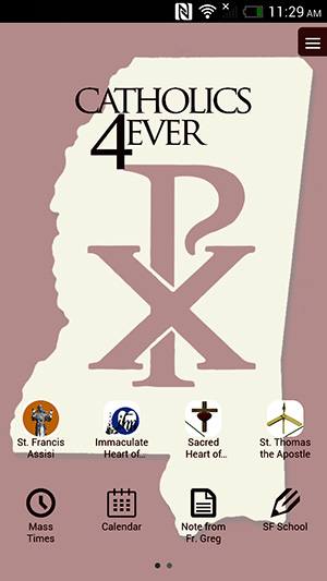 The home screen of the Greenwood community app showing the three parishes and school. (Courtesy of Catholic Parish Apps)
