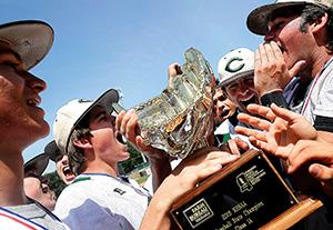 Cathedral Green Wave players hoist the Golden Glove trophy after capturing the State 1A baseball title with a two game sweep over the Smithville Seminoles.  (Photo courtesy The Natchez Democrat)