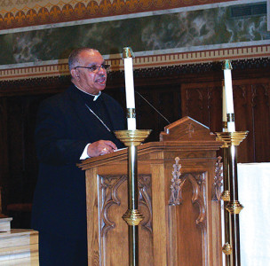 Bishop Fernand Cheri, auxiliary Bishop of New Orleans, speaks in the cathedral. (Photo by Maureen Smith)