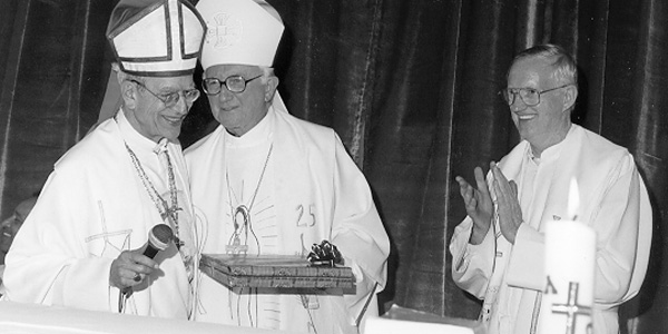 Bishop Francisco Villalobos with Bishop Houck and Msgr. Flannery at the installation of Father Michael Thornton at San Miguel in Saltillo, Mexico, in 1973. (Mississippi Catholic Archive Photo) 