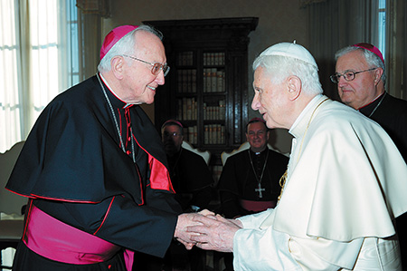 Bishop Houck and Bishop Latino greet Pope Benedict XVI during a 2012 visit to Rome.(CNS photo) 