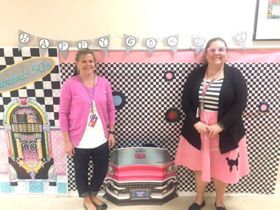 Monica Winans and Kari Pennington, along with the SHS second grade students marked the 50th day of school with a nod to the 1950s. All decked out in pink poodle skirts and leather jackets the children participated in bubble gum-blowing and hula-hoop contests. Afterwards, they were treated to root beer and Coke floats.