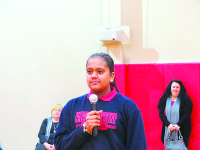 SOUTHAVEN – Norah Johnson, seventh grade student, waits for her winning word – phrenologists – in the Sacred Heart School Spelling Bee. She will represent our school in the Mid-South Spelling Bee in Memphis. (Photo by Sr. Margaret Sue Broker)