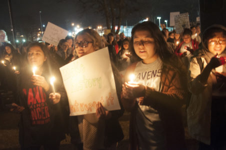 People attend a Feb. 1 vigil sponsored by the Tennessee Immigrant and Refugee Rights Coalition in Nashville in response to President Donald Trump's Jan. 27 executive order suspending the entry of refugees into the United States for 120 days. (CNS photo/Theresa Laurence, Tennessee Register)