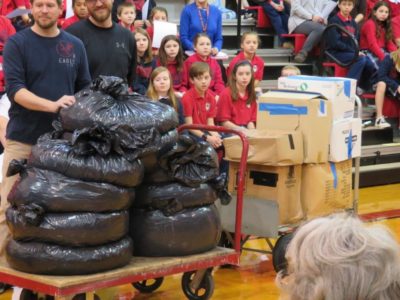 SOUTHAVEN –Students from Sacred Heart School collected a million alumninum can tabs to the Ronald McDonald House as one of their service projects on Thursday, Feb. 2. The can tops will bring in extra money for the house. (Photo by Sr. Margaret Sue  Broker)