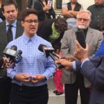 Daniela Vargas speaks at a press conference on the steps of the Jackson City Hall. Vargas spoke as a DACA recipient whose father and brother face possible deportation. Immediately after the news conference, federal officers took her into custody. (Photo by Tereza Ma.)